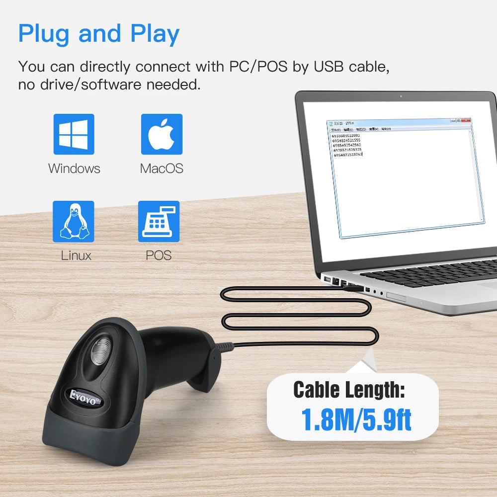 Eyoyo EY-H2 USB Wired 1M Cable Handheld Automatic Scanning Barcode Scanner For Supermarket. PDF417 Data Matrix 1D 2D QR Reader