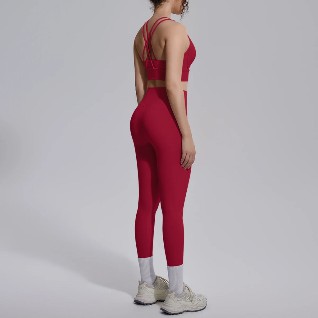 2PCS Yoga Set Summer Gym Sports Running Yoga Clothing Solid Color Cross Bra Workout Top High Waisted Quick Drying Fitness Pants