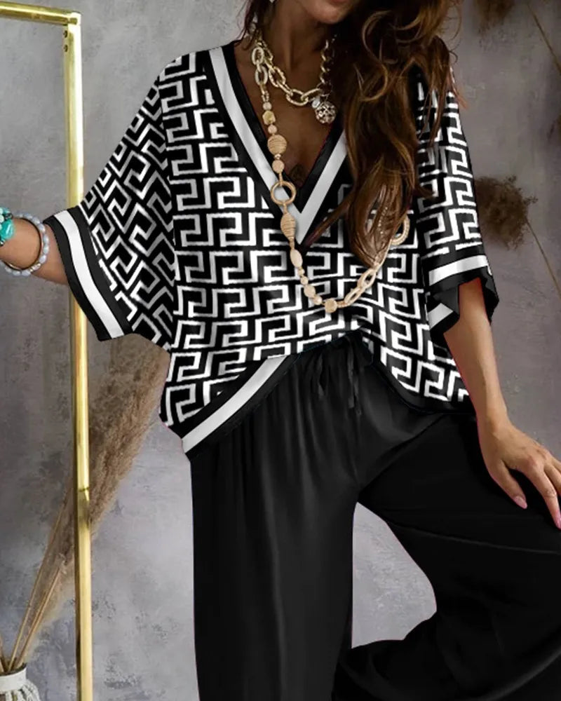 Sexy V Neck Batwing Sleeve Shirt Pants Sets For Women Spring Summer Fashion Print Blouse Trousers Two Piece Sets Femme Outfits