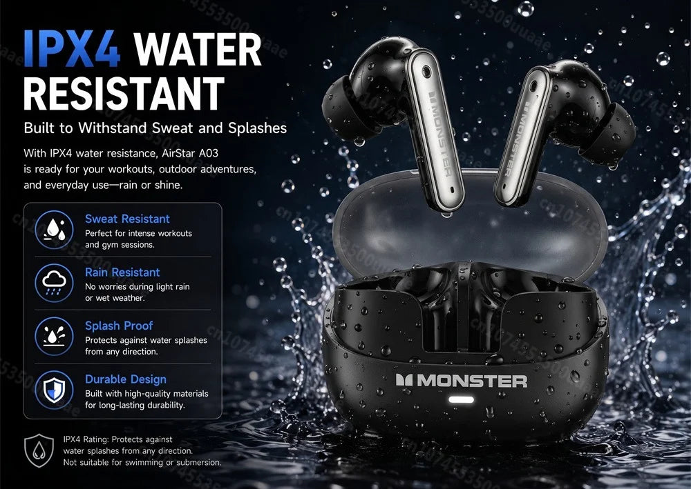 Monster A03 ANC Earbuds Bluetooth 6.0 Active Noise Cancelling Headphones Powerful Deep Bass Sport TWS Wireless Earphone with Mic