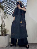 Amax LuluE Summer Chinese Womens Casual Embroidery Denim Dress Loose Cartoon O Neck Long Clothes Ladies Classic Vintage Vestidos