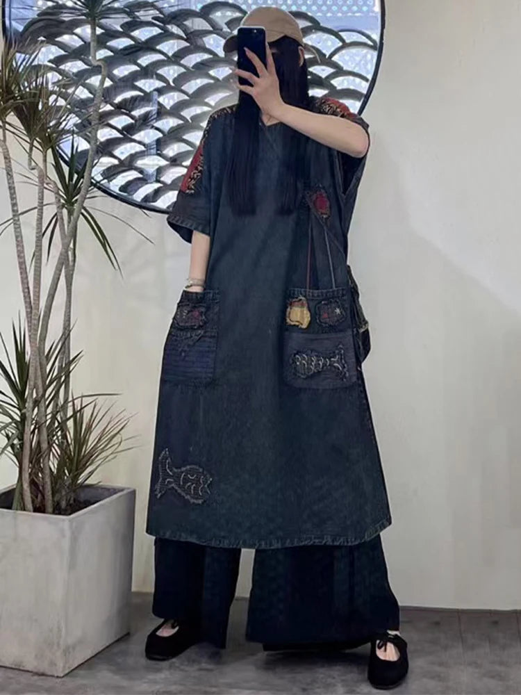 Amax LuluE Summer Chinese Womens Casual Embroidery Denim Dress Loose Cartoon O Neck Long Clothes Ladies Classic Vintage Vestidos