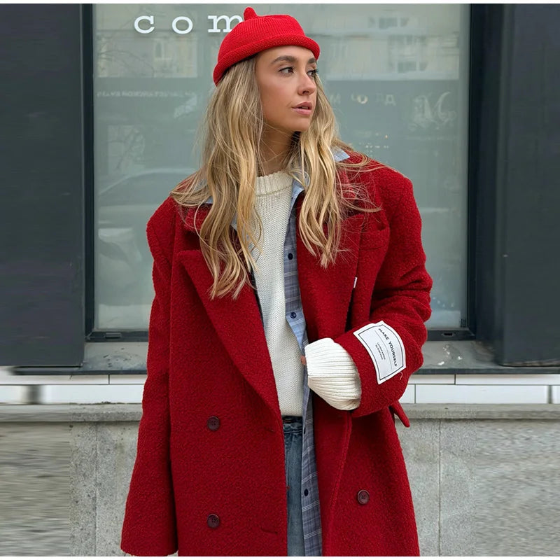 Women Olive Green Oversized Coat Notched Lapel Double Breasted Straight Outerwear Vintage Fall Winter Daily 2026 Office Outfit