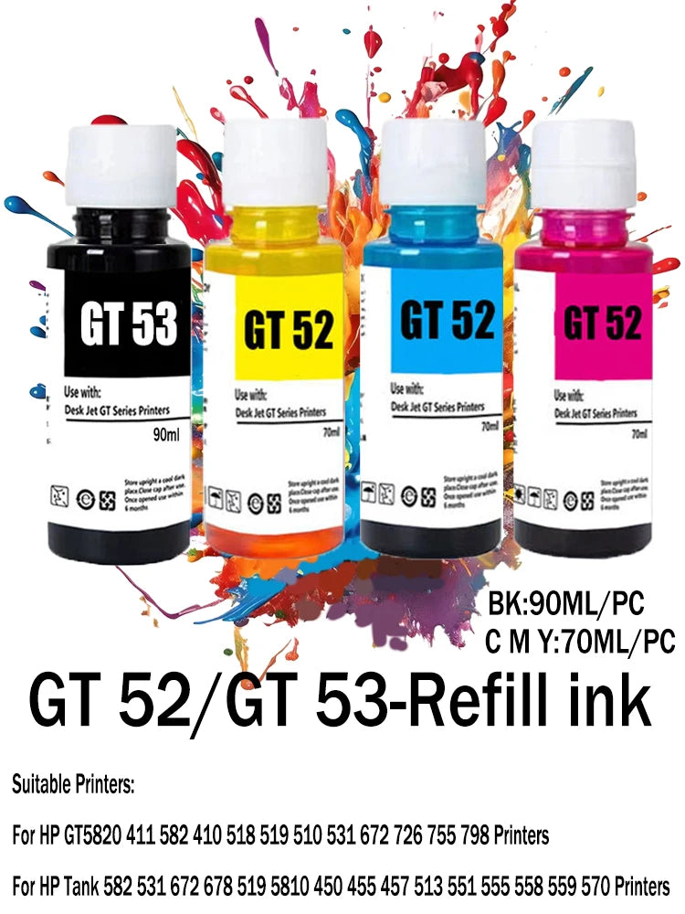 GT-52 GT-53 gt52 gt53 Refill Ink For HP GT5820 GT411 GT582 GT410 518 519 510 531 672 726 755 798 Printer Refill Dye Ink