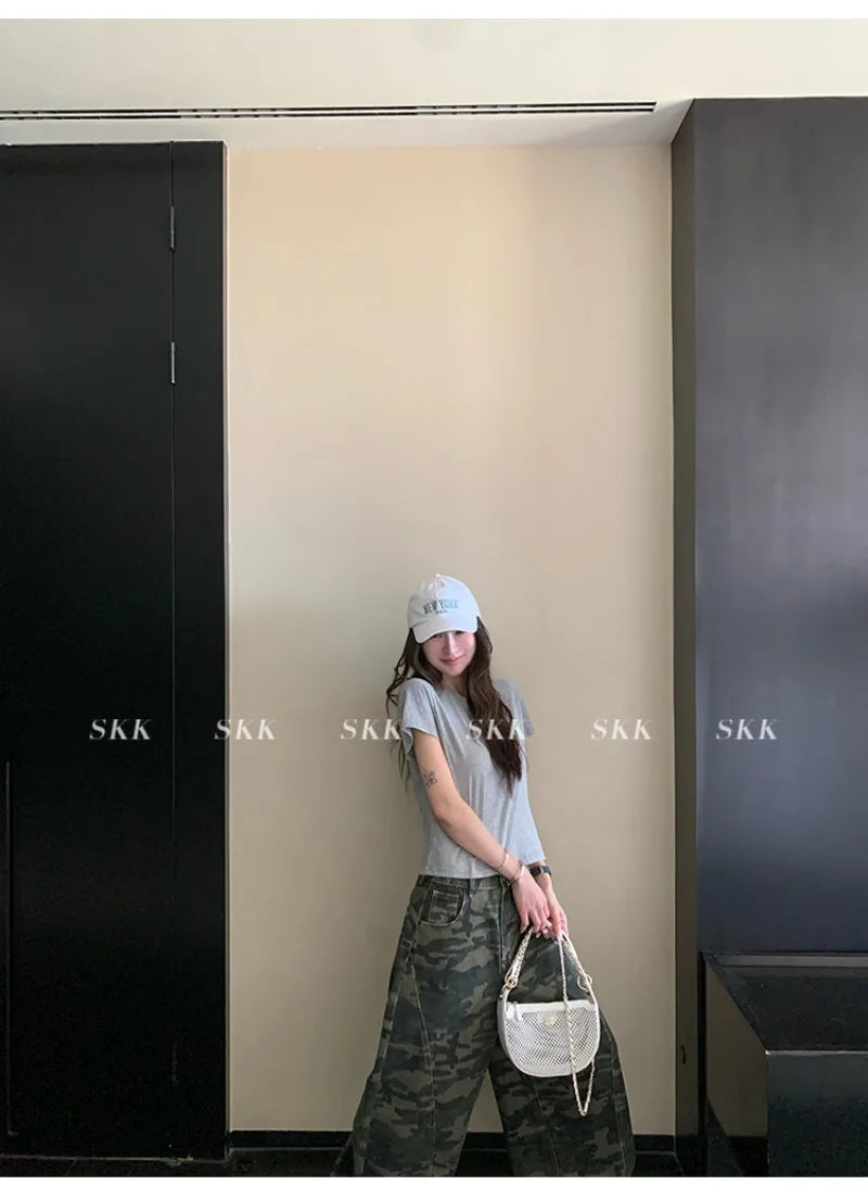 YJKDYK High Waist Camouflage Workwear Jeans Women's Autumn Spring American Retro Wide Leg Floor-Length Pants Trendy High Street