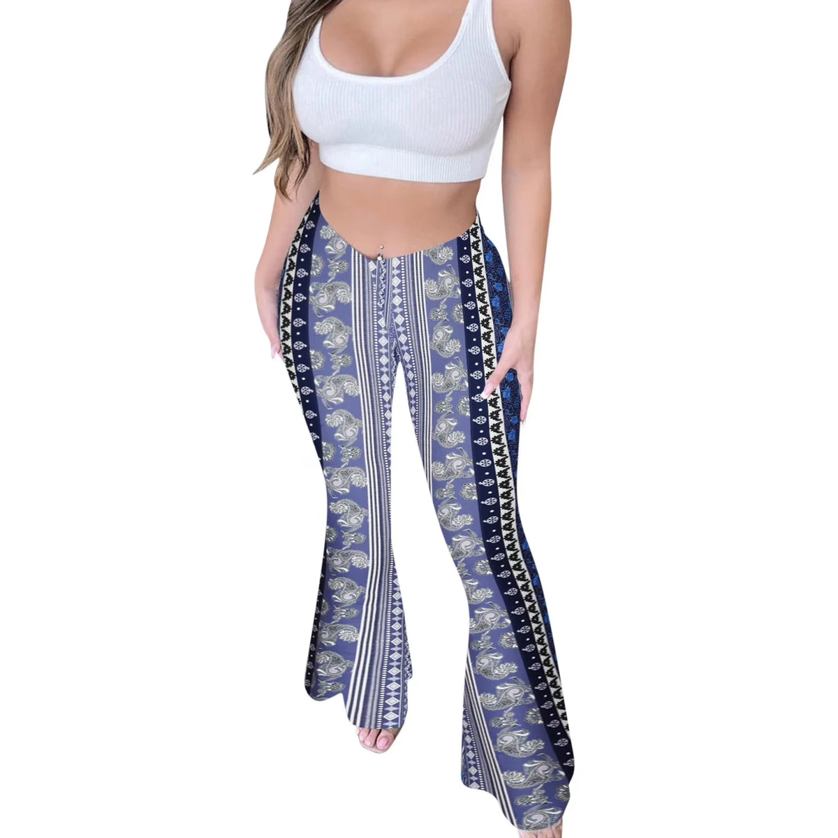 Bohemian Flare Pants for Women High Waisted Stretchy Bell Bottoms Y2K Hippie Style Trousers for Beach Vacation Leggings 2026