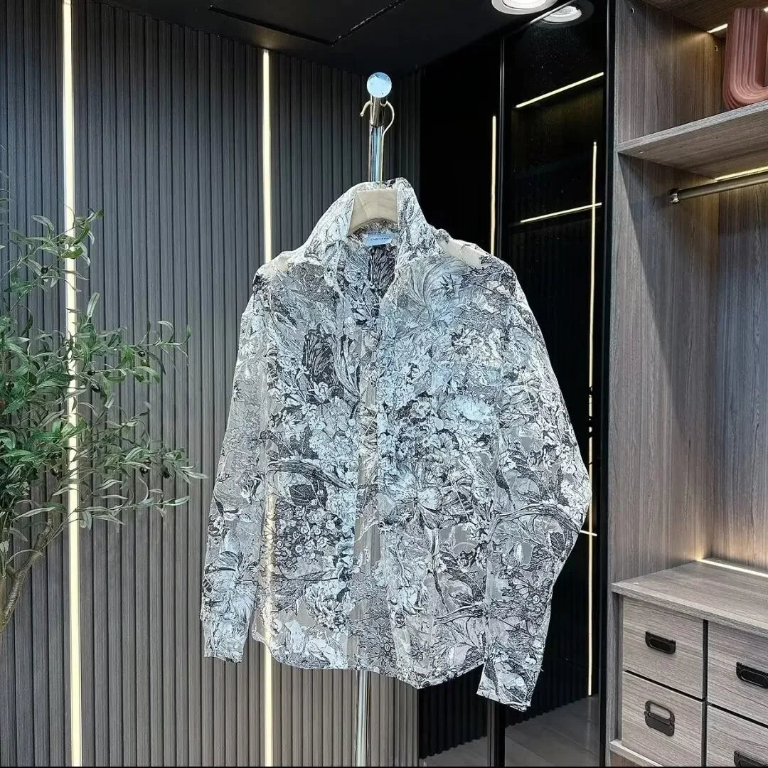 Floral Mesh Shirt For Men Spring Summer Thin Hollow Out Long Sleeve Tops Fashion Handsome Breathable Loose Sexy Shirt Streetwear
