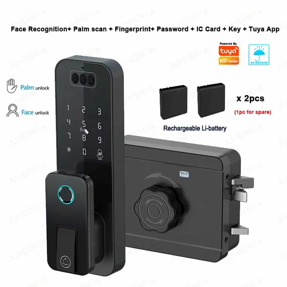 Outdoor Waterproof 3D Face Recognition Palm Scan Fingerprint Gate Lock Tuya Wifi App Password Digital Rechargeable Smart Lock