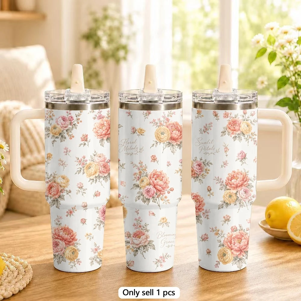 Vintage Floral Style Vacuum Flasks 40oz Stainless Steel Tumbler with Handle Straw Lid Vacuum Insulated Double Wall Leak Proof