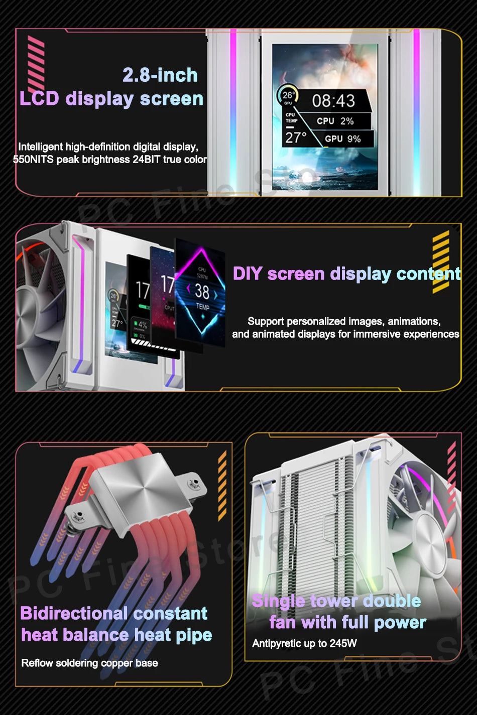 Power Train X-GAMERX MK8 Air Cooling CPU Radiator 6 Heat pipes Radiator ARGB Dual Fan LCD Screen Cooler INTEL LGA1700 1200 AM5