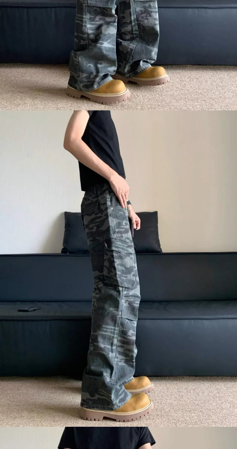 Summer Large Size American Retro Camouflage Work Pants Men's Loose Straight Leg Jeans with Diagonal Pockets Casual Long Trousers