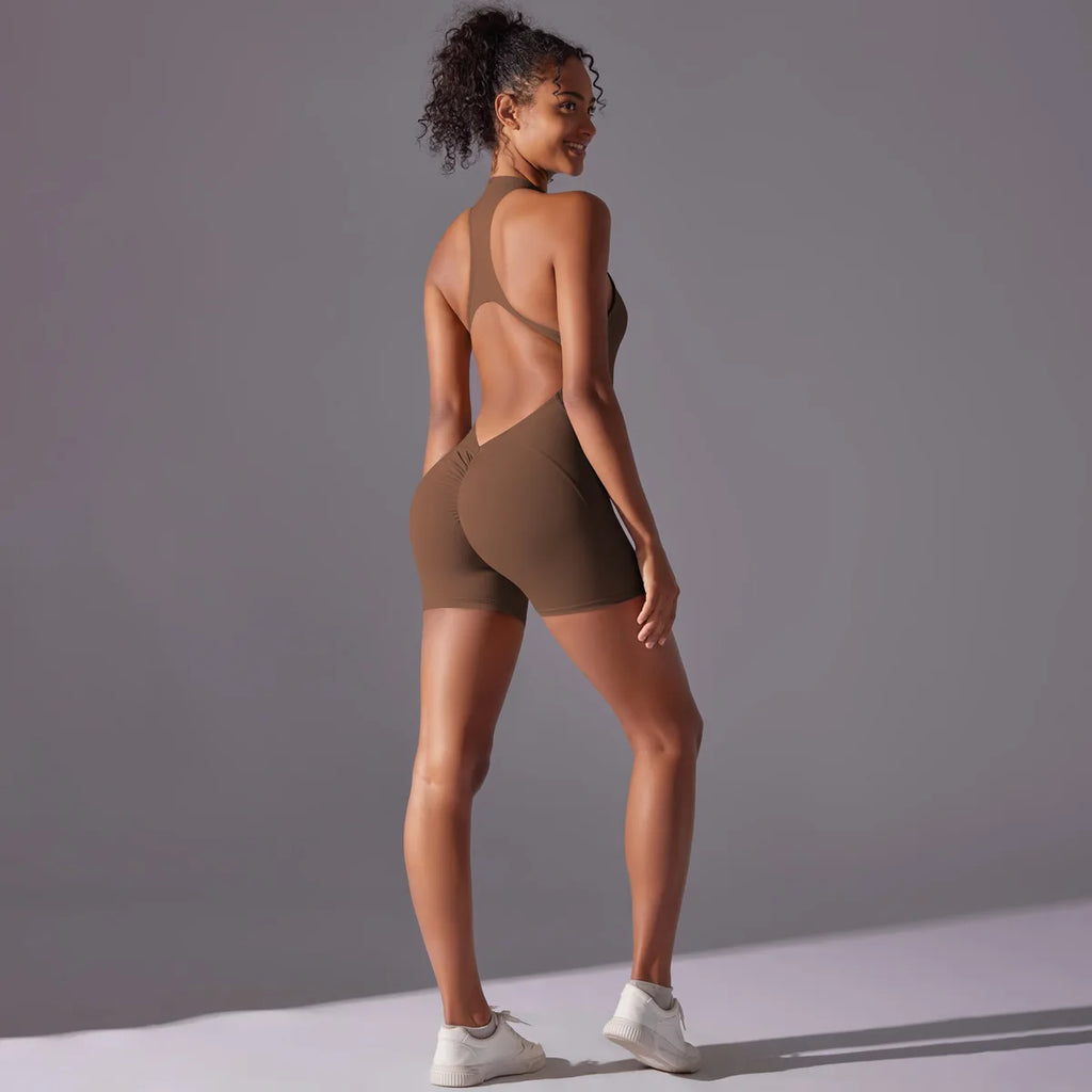 Women's High Neck Zip-Up Yoga Bodysuit, Sleeveless Hollow Back Scrunch Butt Lifting Romper, Buttery Soft Workout Activewear