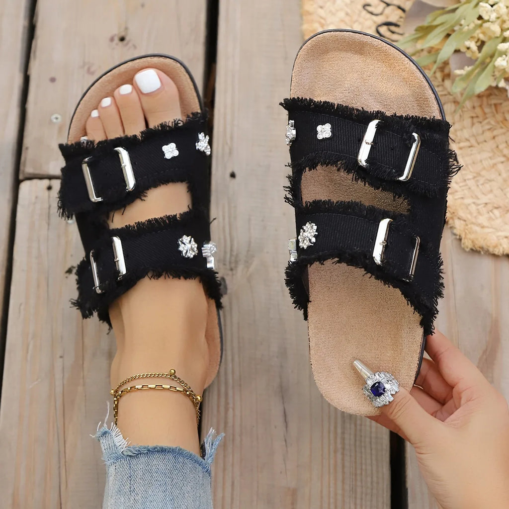 Denim Women Slippers Buckled Fringe Hem Double Strap Slippers Comfortable Sandals Slip-on Beach Shoes Ladies Casual Slides Women