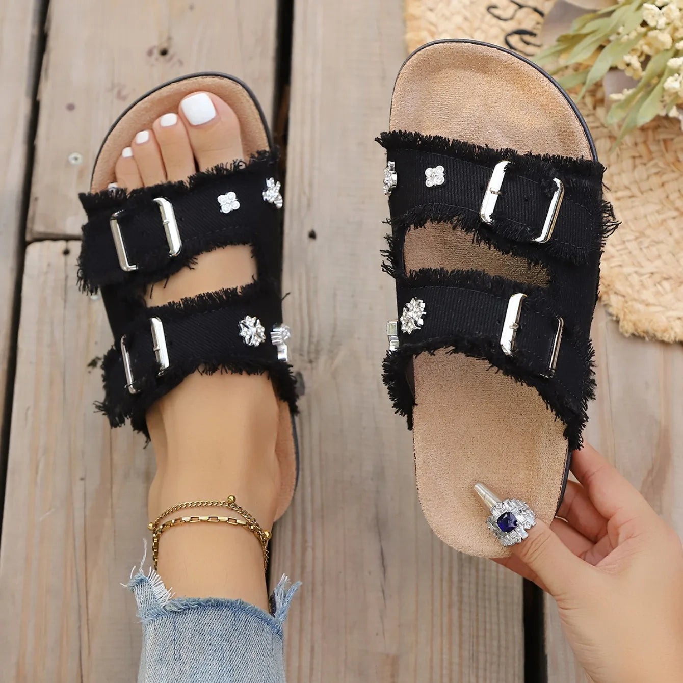Denim Women Slippers Buckled Fringe Hem Double Strap Slippers Comfortable Sandals Slip-on Beach Shoes Ladies Casual Slides Women