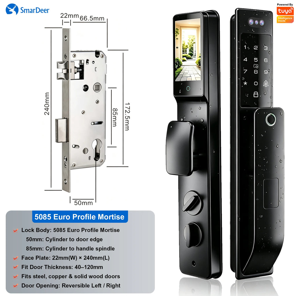 3D Face & Palm Vein Smart Door Lock, IP66 Waterproof Dual Biometric Lock, Fits Euro 6068/6085/5572 & Israel 6590 Lock Bodies