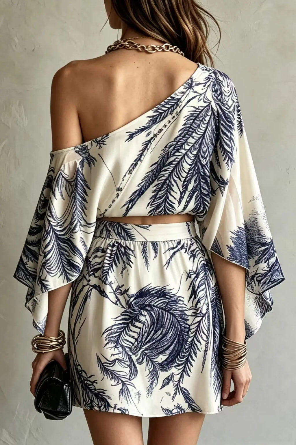 Bohemian style tropical leaf print off shoulder short top A-line short skirt vacation set for women