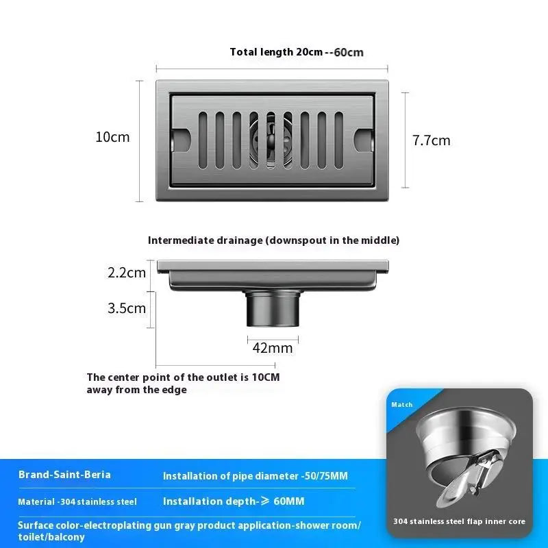 20/30/40/50/60cm Stainless Steel Shower Floor Drain Bathroom Rectangle Linear Floor Drainage Floor Drain with Strainer Covern