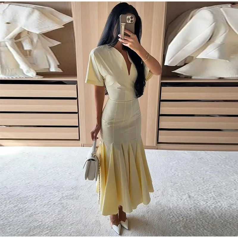 Elegant Pleated Waist-cinching Long Dress Women's Sexy V-neck Short Sleeve Bodycon Dresses 2026 Summer New Lady Solid Robes