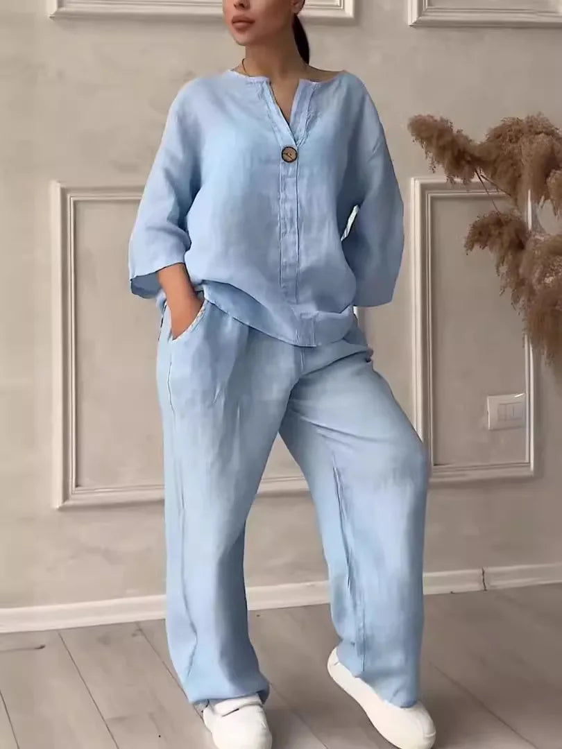 Casual Solid Color Pullover Long Pants 2-piece Set Women's Cotton and Linen Pants Suit White Pink