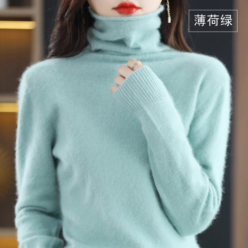 Women's Pile Collar 100% Mink Cashmere Sweater Winter High Collar Knitted Pullover Casual Short Thick Tops Loose Warm Base Shirt
