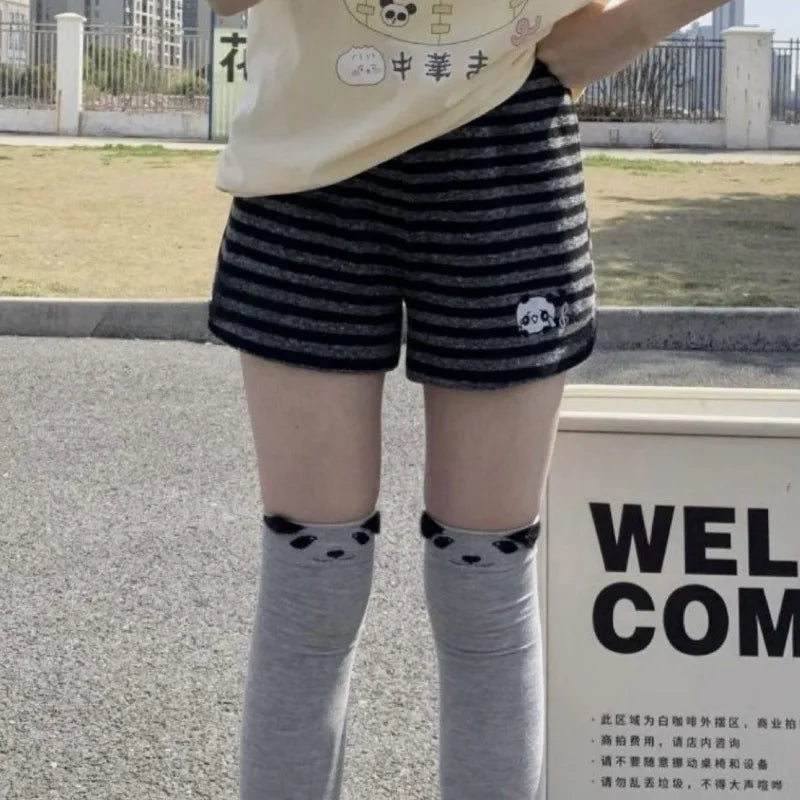 Japanese Shorts for Women Panda Embroidery Casual Pants Casual Fashion Striped Cute Summer Shorts Pantalones Cortos De Mujer