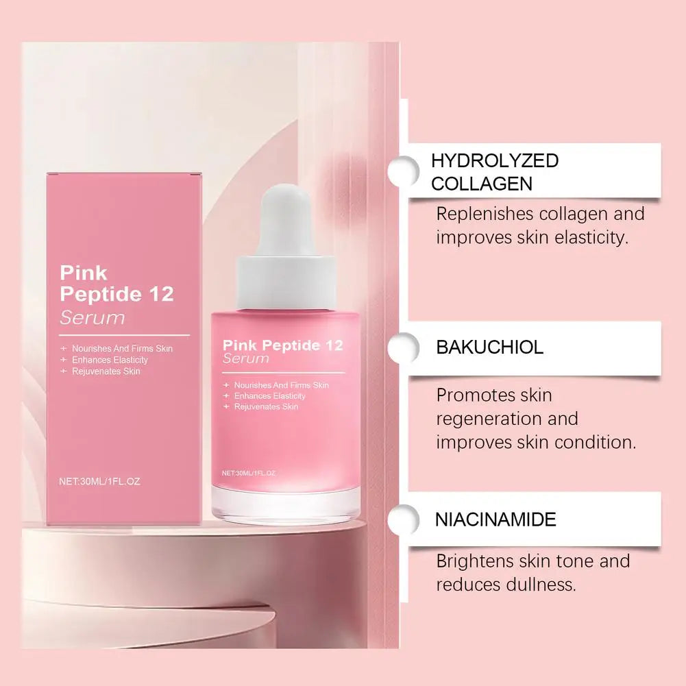 Pink Peptide12 Anti Aging Serum 30ml Firming Hydrating Face Essence,Reduces Fine Lines, Boosts Elasticity for Glowing Rejuvenate