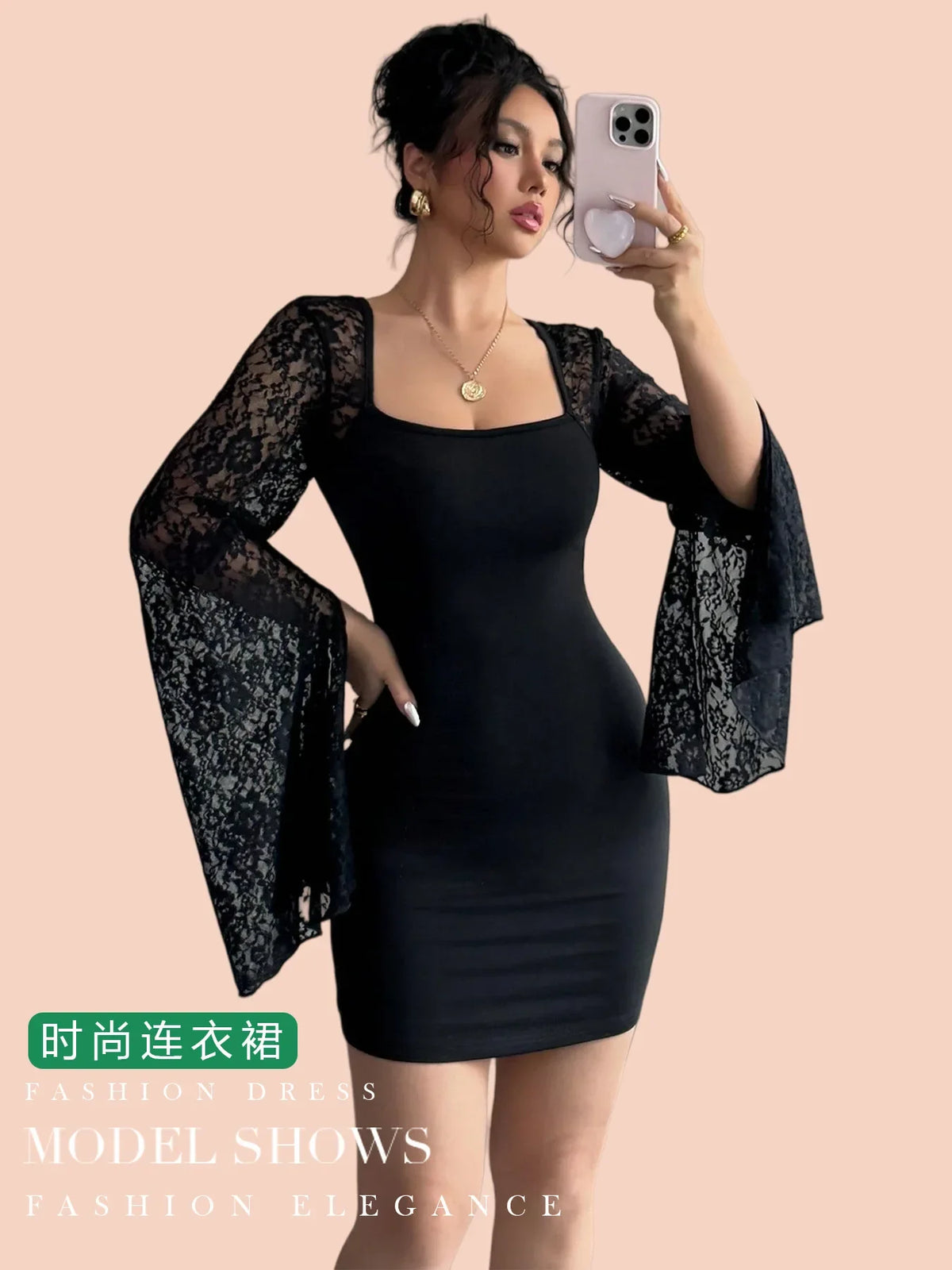 2026 Autumn New Flare Sleeve Split Lace Patchwork Square Neck Bodycon Dress Women