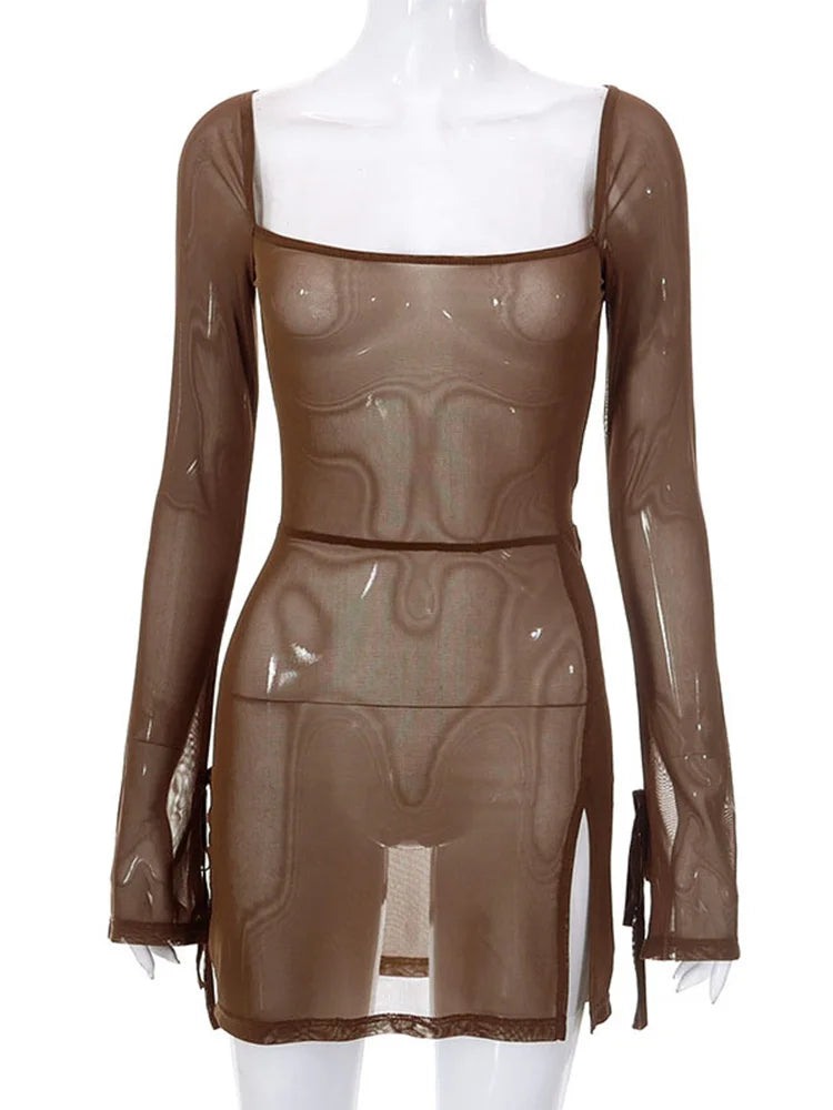 Women's Square Collar Mini Dress Y2K Gauze Long Sleeve Sheer Sexy Night Outfit Clubwear Solid Color
