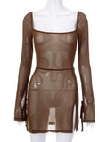 Women's Square Collar Mini Dress Y2K Gauze Long Sleeve Sheer Sexy Night Outfit Clubwear Solid Color