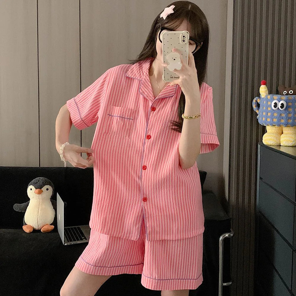 Summer 2026 New Short-Sleeved Shorts Pajamas Women's Cartoon Cute Girl Cardigan Set Ladies Sleepwear Breathable Homewear