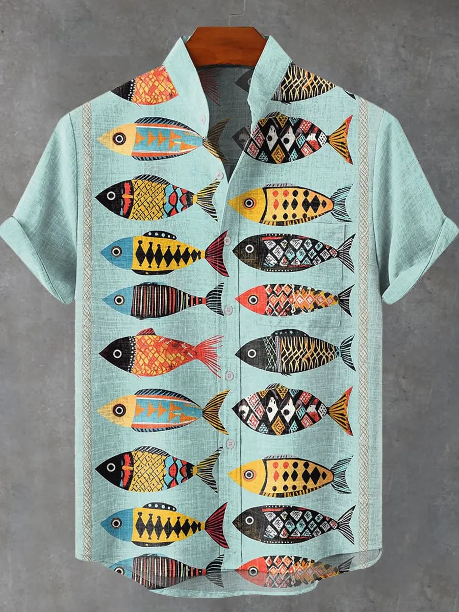 Men's new summer beach casual fish pattern short sleeved shirt fishing enthusiast clothing linen button up shirt