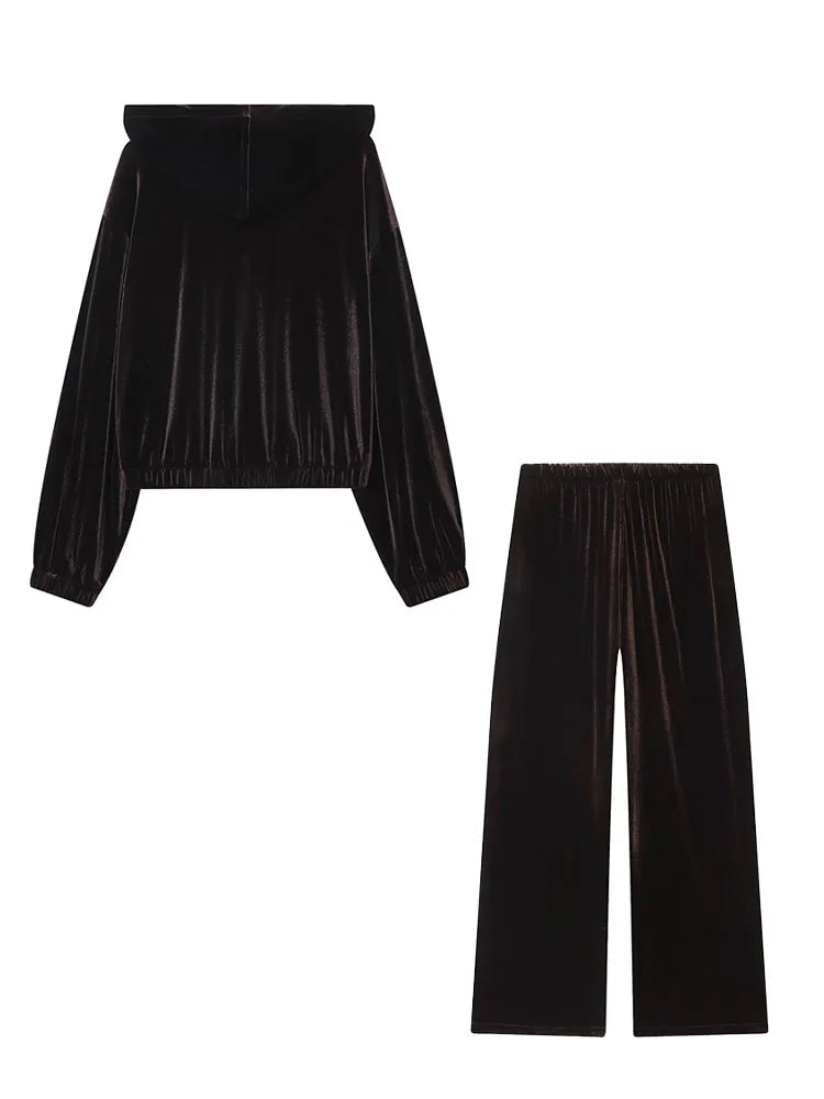 HH Woman Hooded Long Sleeves Zipper Velvet Jacket Drawstring Straight Wide Leg Pants Female Autumn Casual Loose Two Piece Set