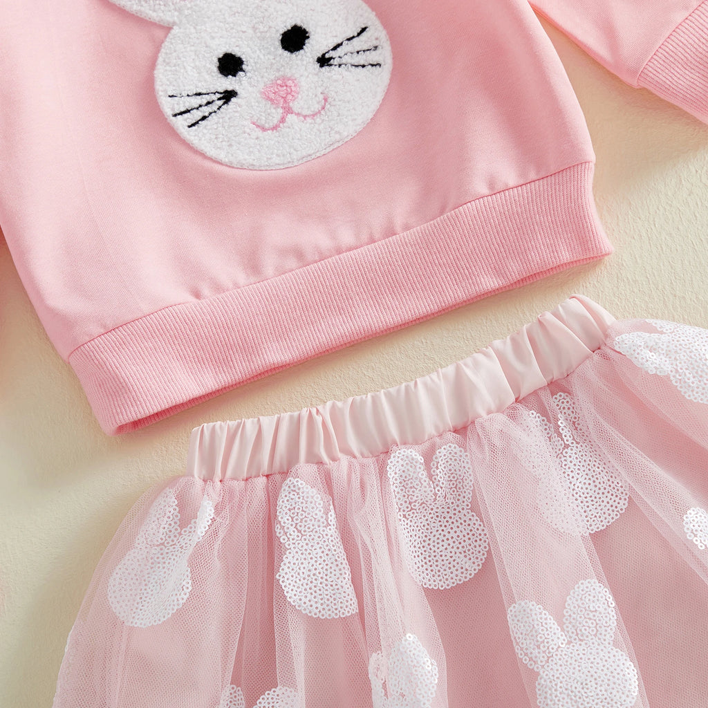 Citgeett Spring Easter Kids Toddler Girls Outfits Long Sleeve Bunny Embroidery Sweatshirt Tulle Skirt Set Clothes