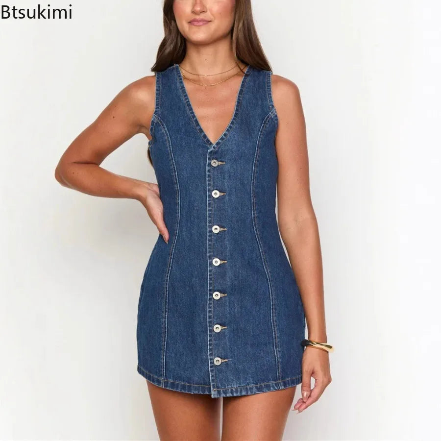 Women's Retro Spicy Girl Design Sleeveless Denim Dress Spring Summer Washed Denim Short Skirt High Waist V-neck Dress for Women