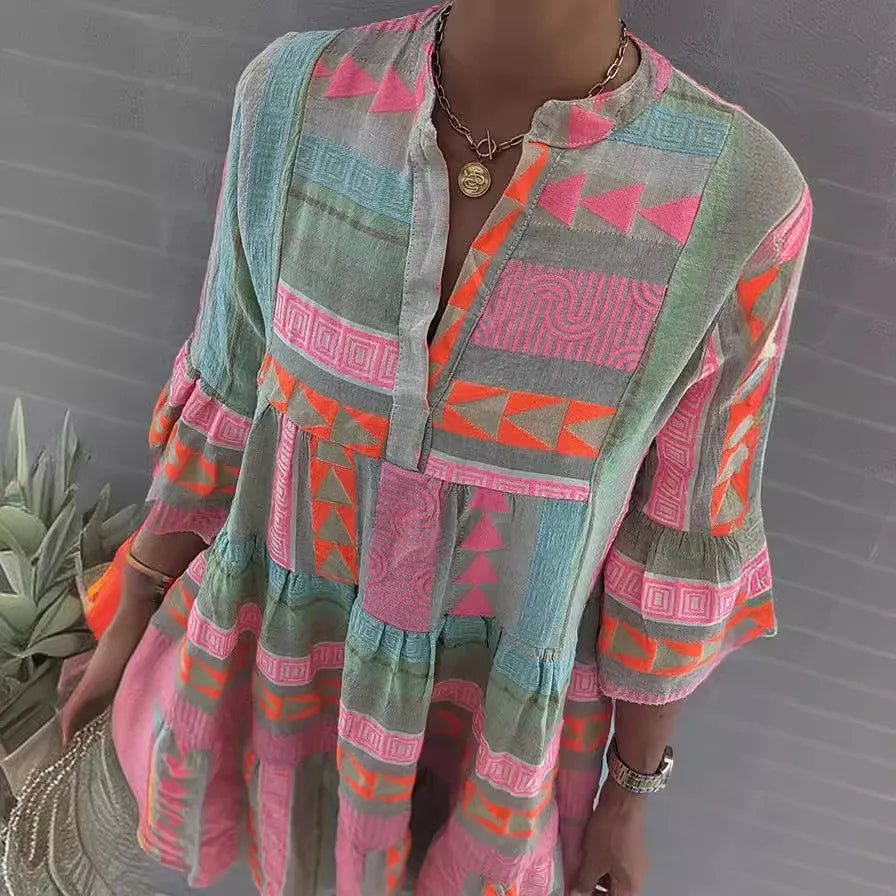 Women's Summer Loose Fit V Neck Three Quarter Flare Sleeve Printed Burnout Cotton Linen Pullover Dress for Women with Boho