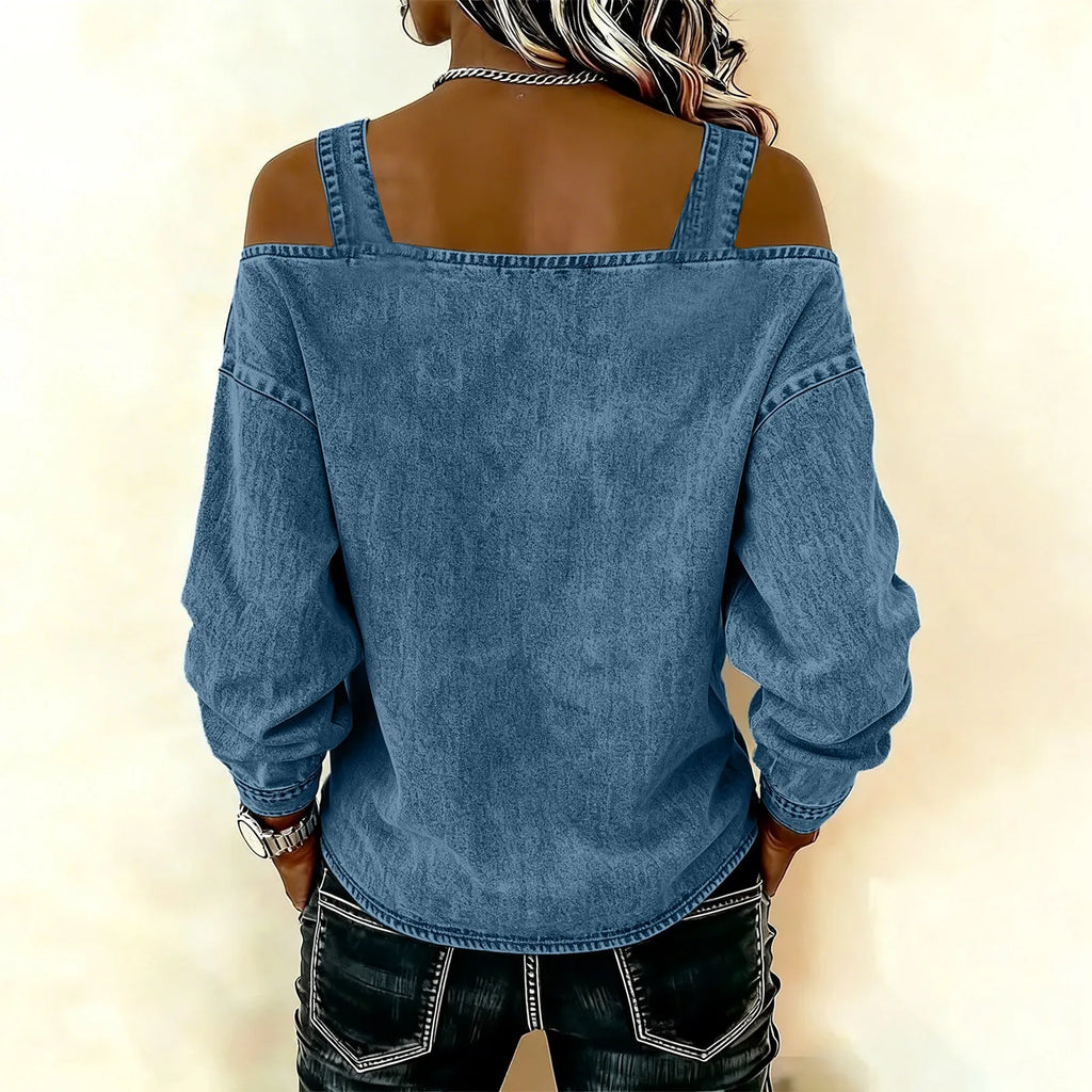 Women's Denim Top, Stylish Off-the-shoulder Long-sleeved Top with Shoulder Straps, Elegant and Versatile Denim Shirt, Streetwea