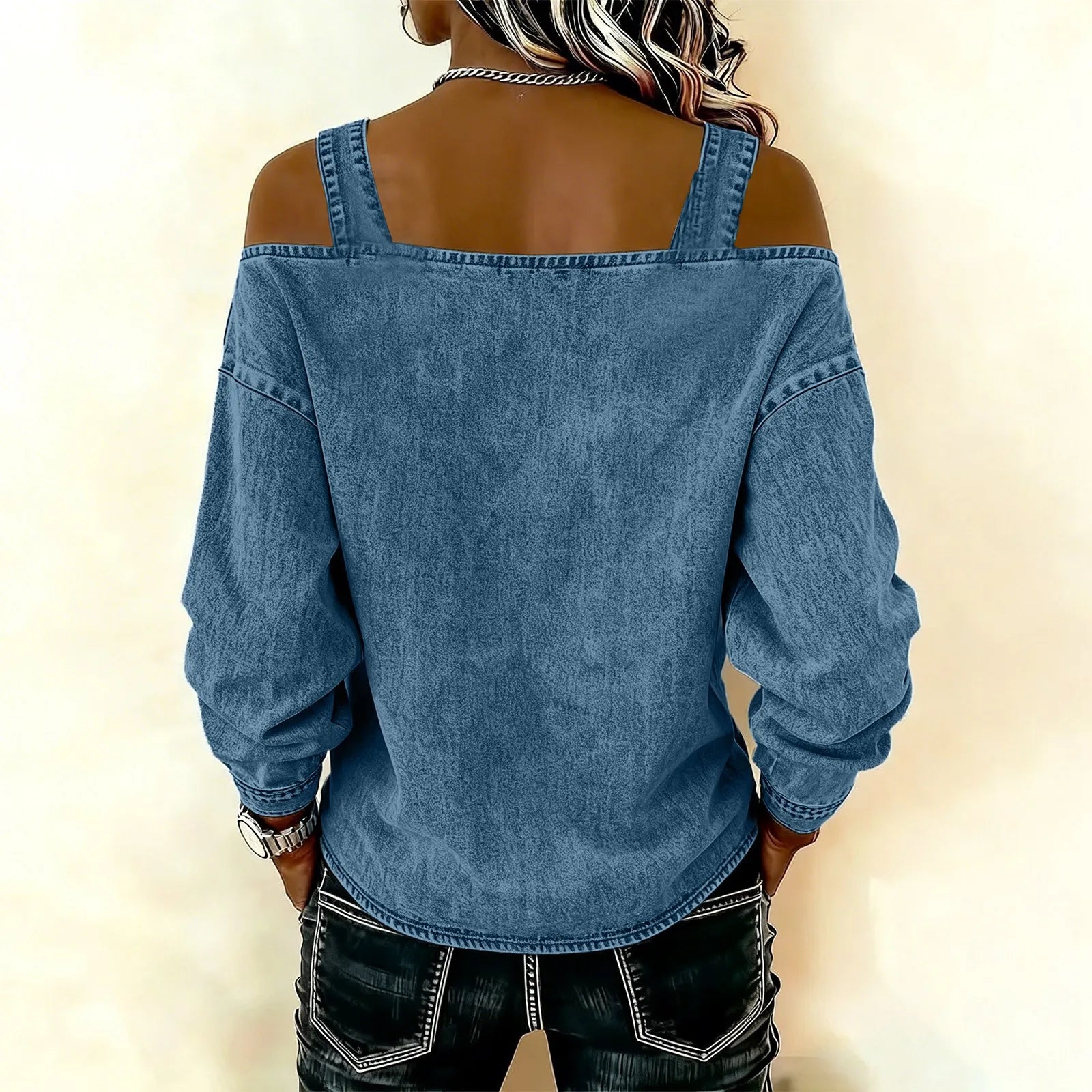 Women's Denim Top, Stylish Off-the-shoulder Long-sleeved Top with Shoulder Straps, Elegant and Versatile Denim Shirt, Streetwea