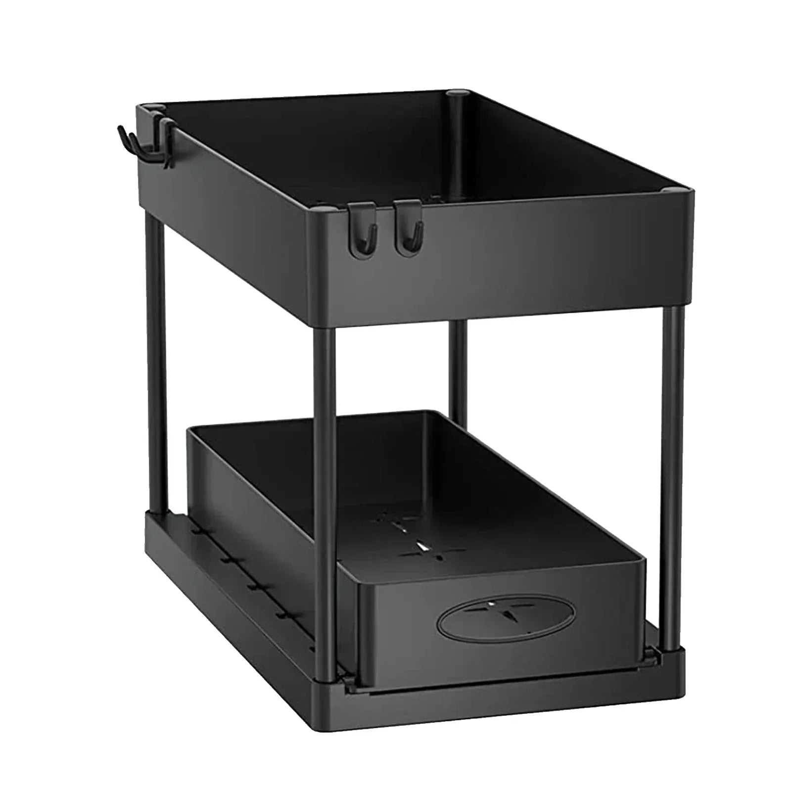 Kitchen Bathroom Under Sink Organizer 2-Tier Sliding Storage Basket Multipurpose Shelf with Hanging Cup and Hook Accessories