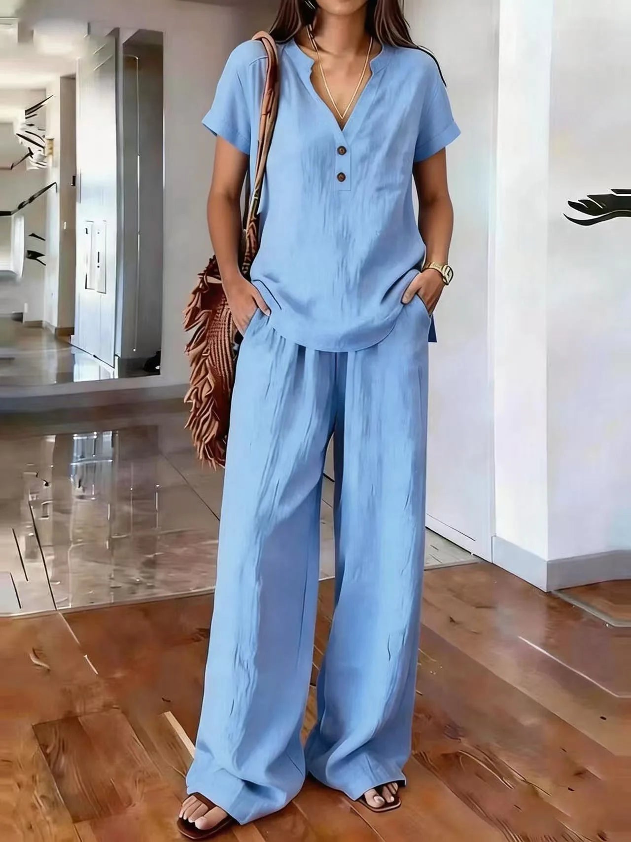 Solid Color Casual Loose Pants Sets For Women 2026 Elegant Summer Women's Two Pieces Suit Full Trouser Set Female Outfit Clothes