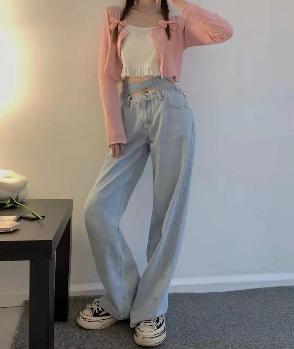 Women's High Waist Baggy Jeans Korean Trendy Loose Wide Leg Denim Pants With Ankle Ties Flowy Floor Length Streetwear