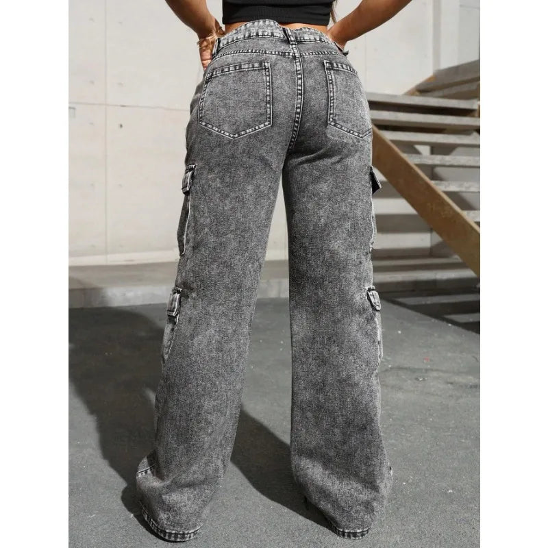 Womens Jeans Y2k Jeans High Waist Stretch Cargo Pants Multiple Pockets Casual Trousers For Ladies Fashion Retro Style
