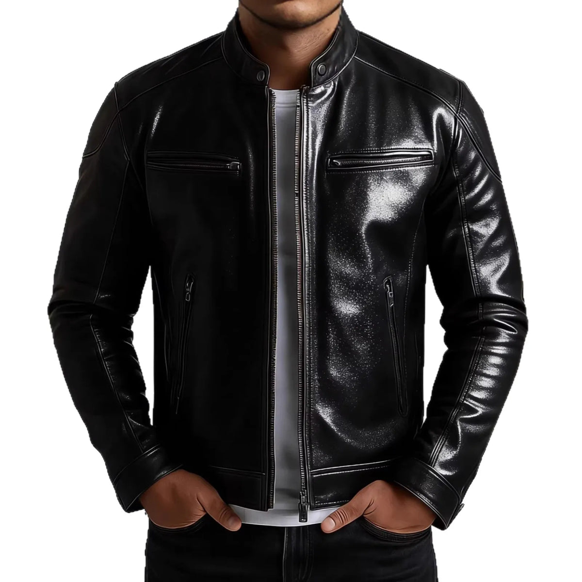 American Retro Men's Pu Leather Jackets Solid Slim Fit Punk Style Stand Collar Zipper Motorcycles Jacket Male Moto Biker Coats