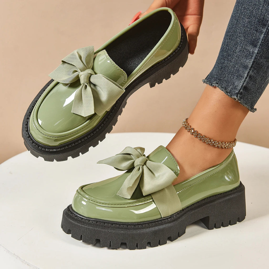 Women's British Style Loafers bowknot Chunky Heel Leather Flats Autumn Slip-On Shoes Versatile Work Shoes Platform Oxford 636