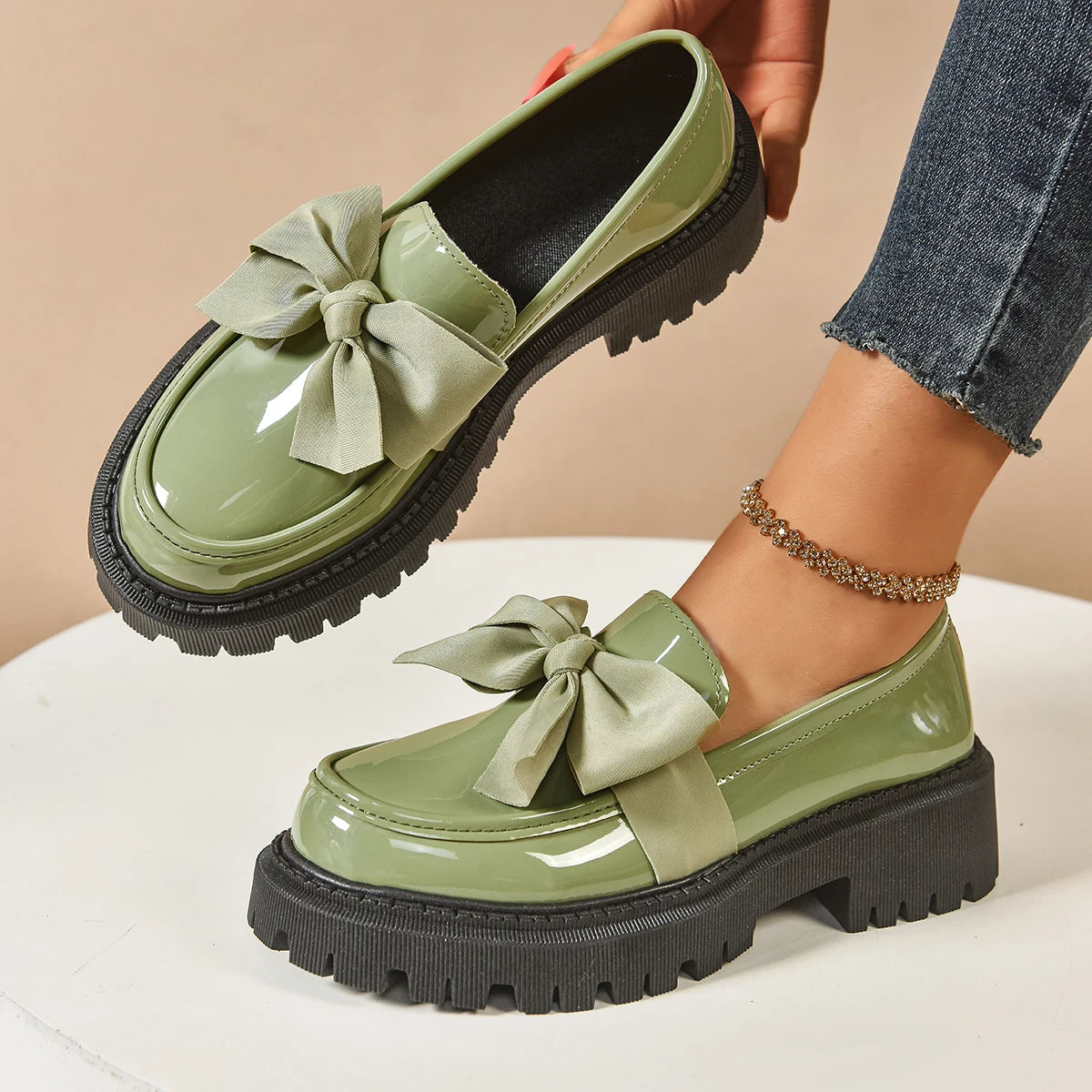 Women's British Style Loafers bowknot Chunky Heel Leather Flats Autumn Slip-On Shoes Versatile Work Shoes Platform Oxford 636