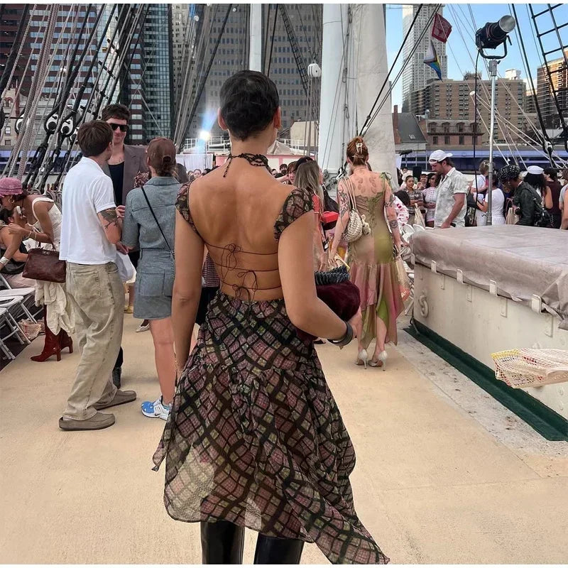 Plaid Off Shoulder Long Dress Women Chic Tie Front Cutout Ruched Asymmetric Hem Sundress 2026 Summer Lady Casual Daily Vestidos