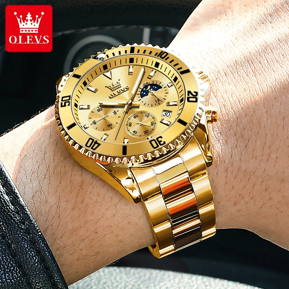 OLEVS 2870 Gold Men Watch Luxury Original Diving Series Men Watch Calendar Moon Phase Chronograph Sport Men Quartz Watch Gift