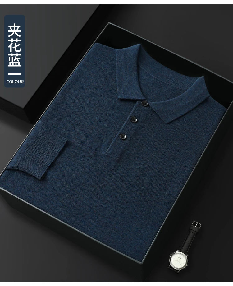 Men's Worsted Wool Kknit Pullover, Business Casual Polo Neck Sweater, Monochromatic Loose Top, Autumn and Winter Fashion, New