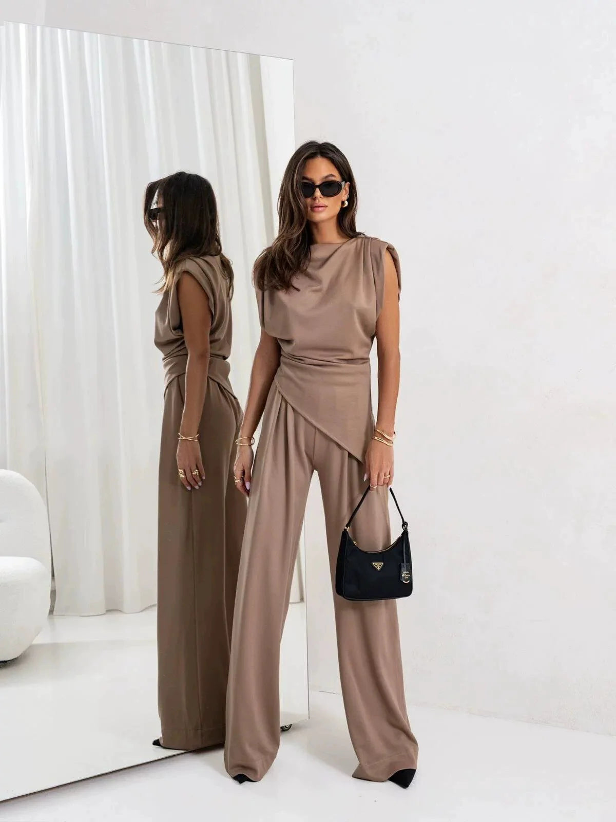Summer Solid Asymmetric Short Sleeve Set Women's Casual 2-Piece
