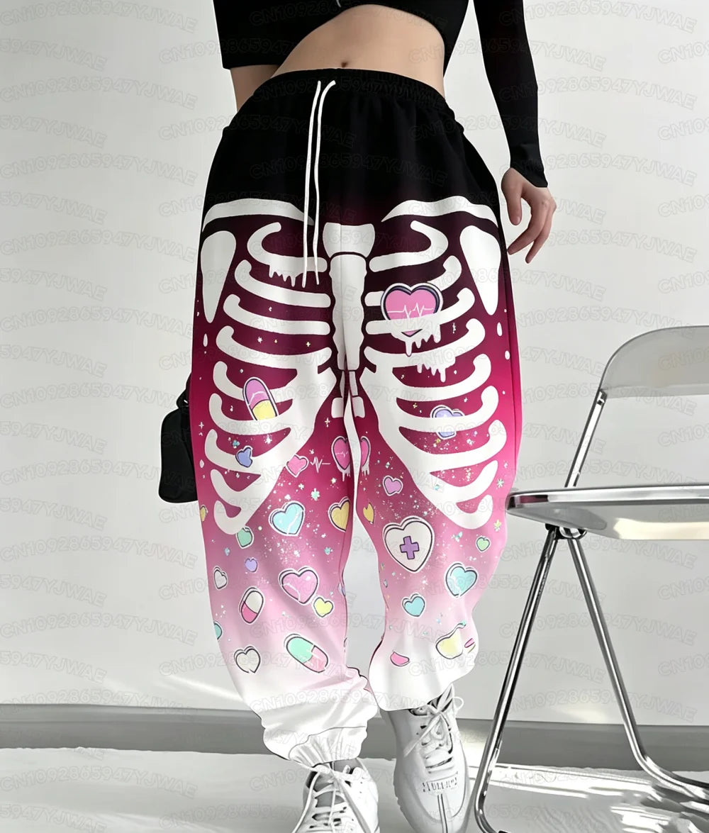 Spring and Autumn Women's Men's Gothic Hip Hop Yami Kawaii Y2K Skull Print Street Style Casual  Long Jogger Pants