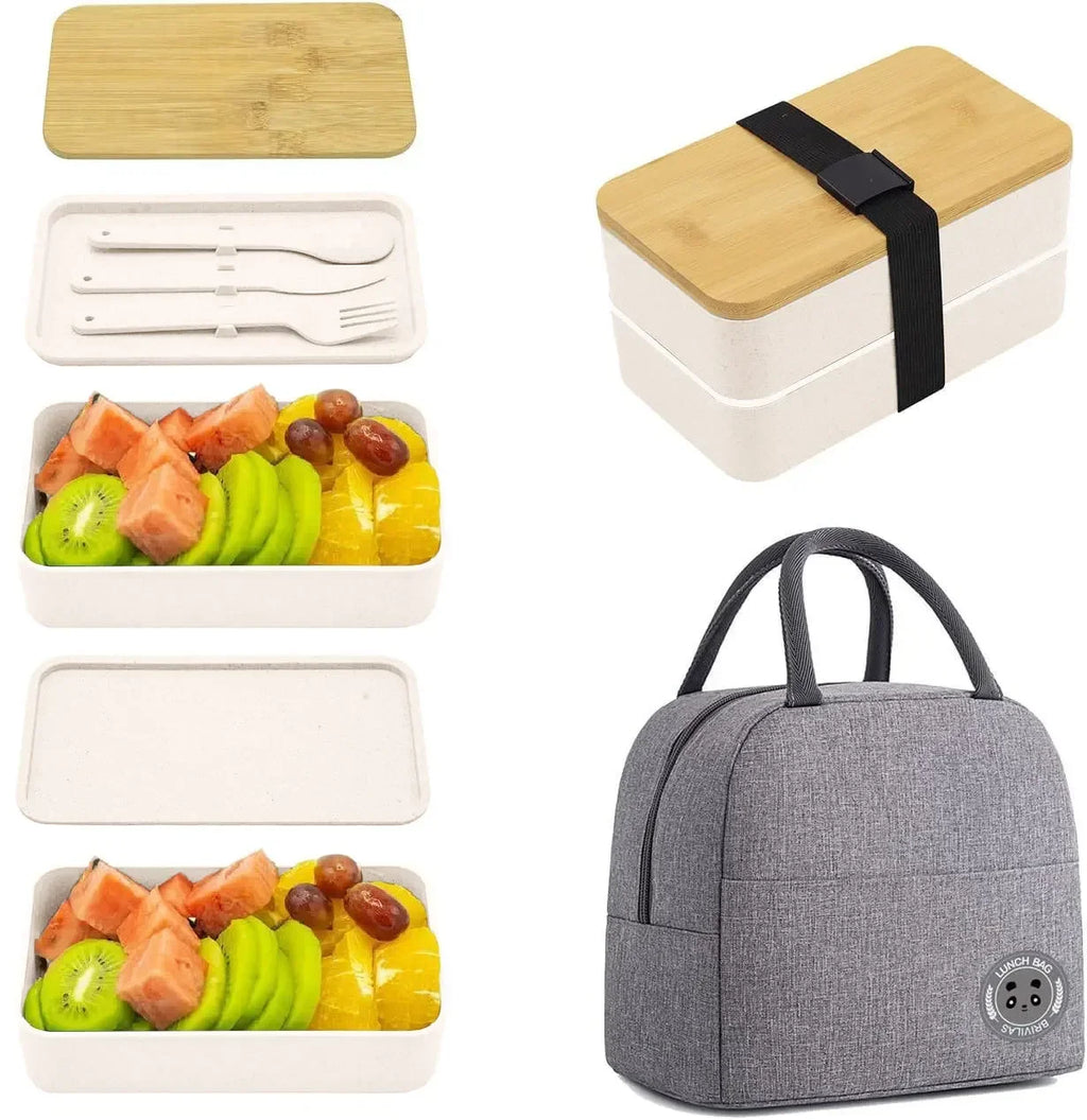 1200ML Divided Lunch Box Picnic Microwave Wooden Cover Japanese Bento Box Portable Double Layer Food Container for Kids